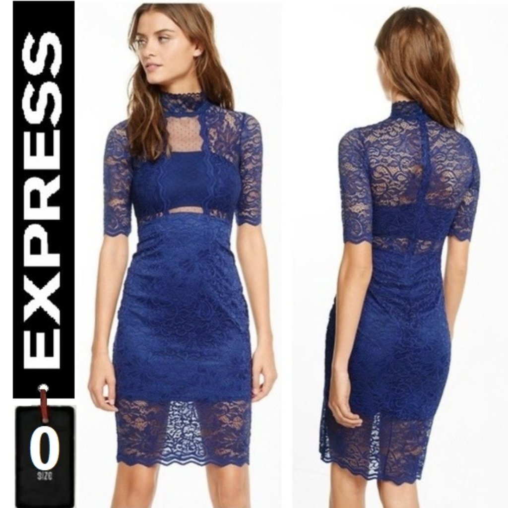 Express Lace Sheath Mock Neck Dress, Size 0, Navy Blue, Short Sleeve